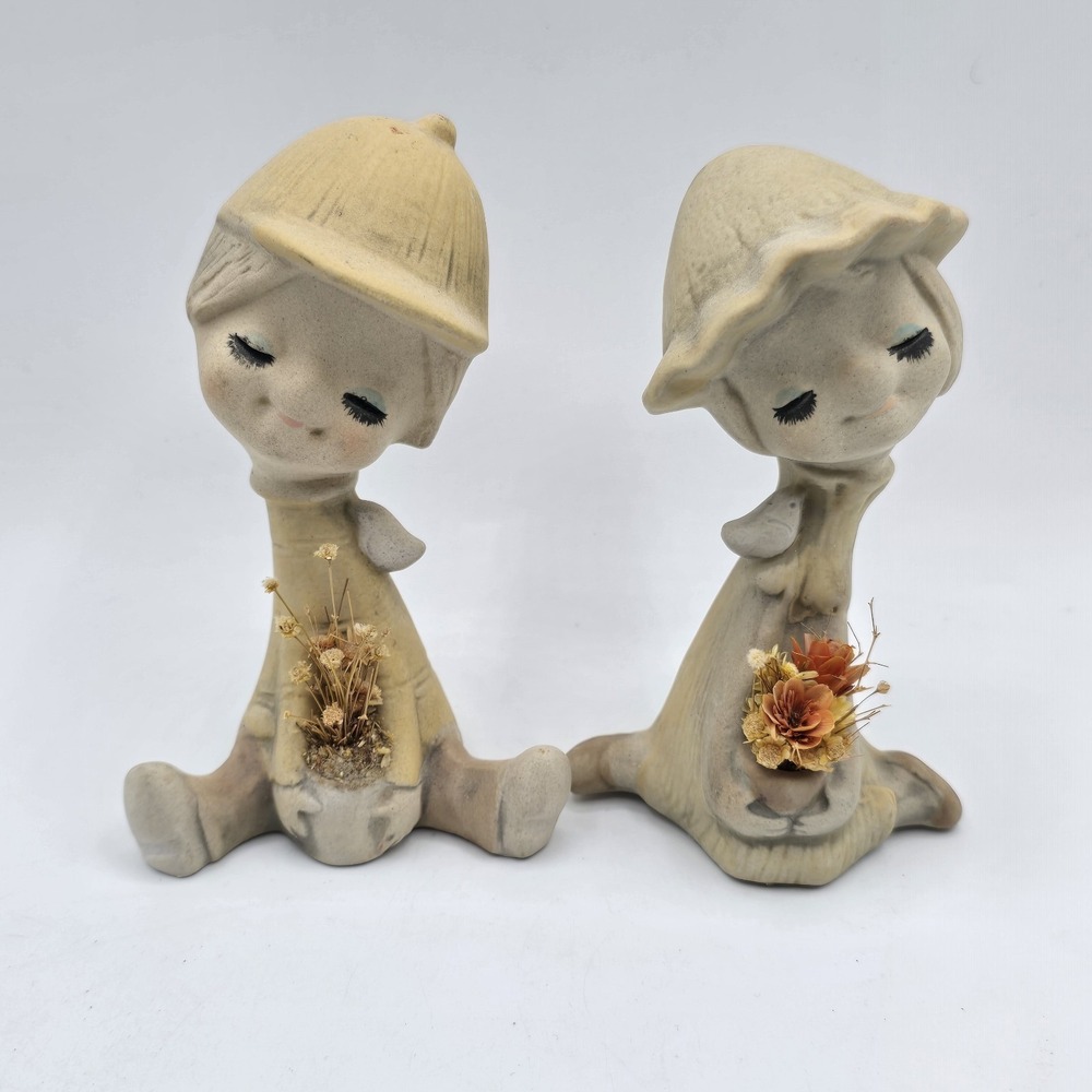 Vintage 60s UCTCI Japan MOD Poppet Girl Boy Bisque Figurines 2x‎ Faux Floral